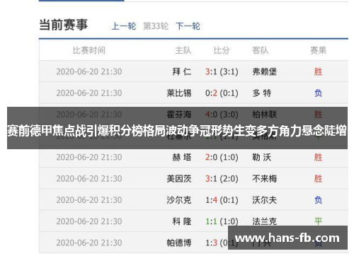 赛前德甲焦点战引爆积分榜格局波动争冠形势生变多方角力悬念陡增
