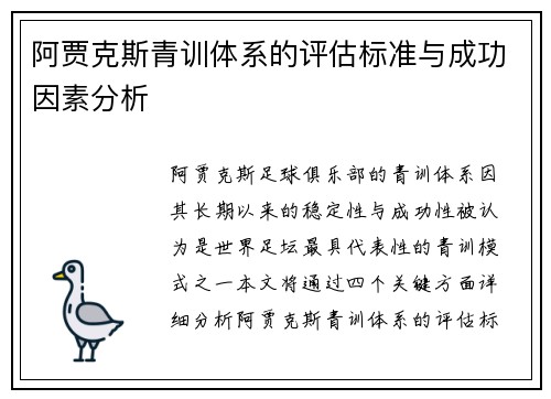 阿贾克斯青训体系的评估标准与成功因素分析